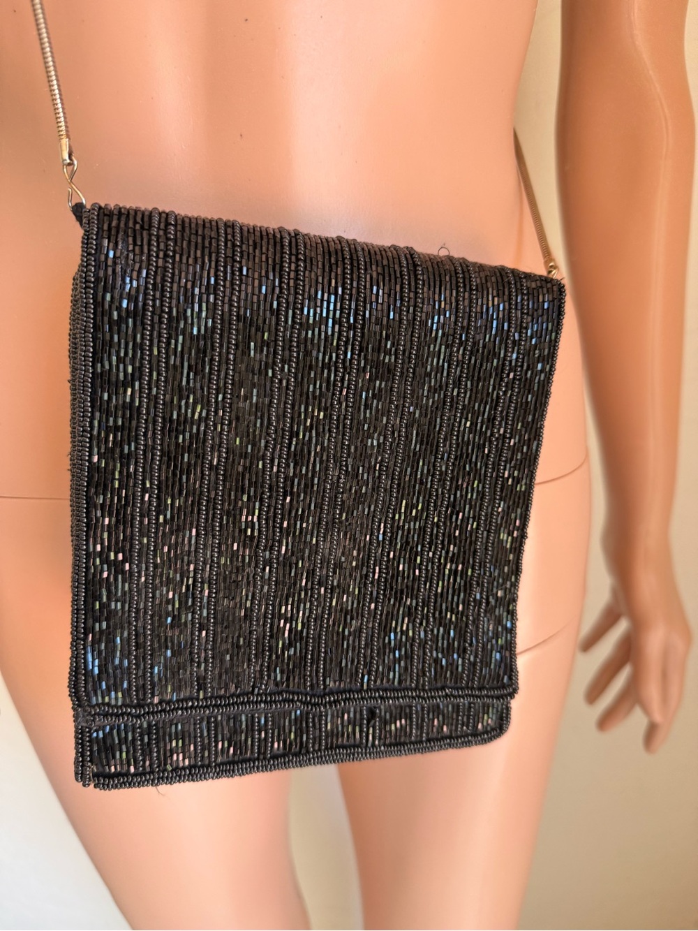 Saks Fifth Avenue Vintage Black Beaded Crossbody Evening Cocktail Bag Purse